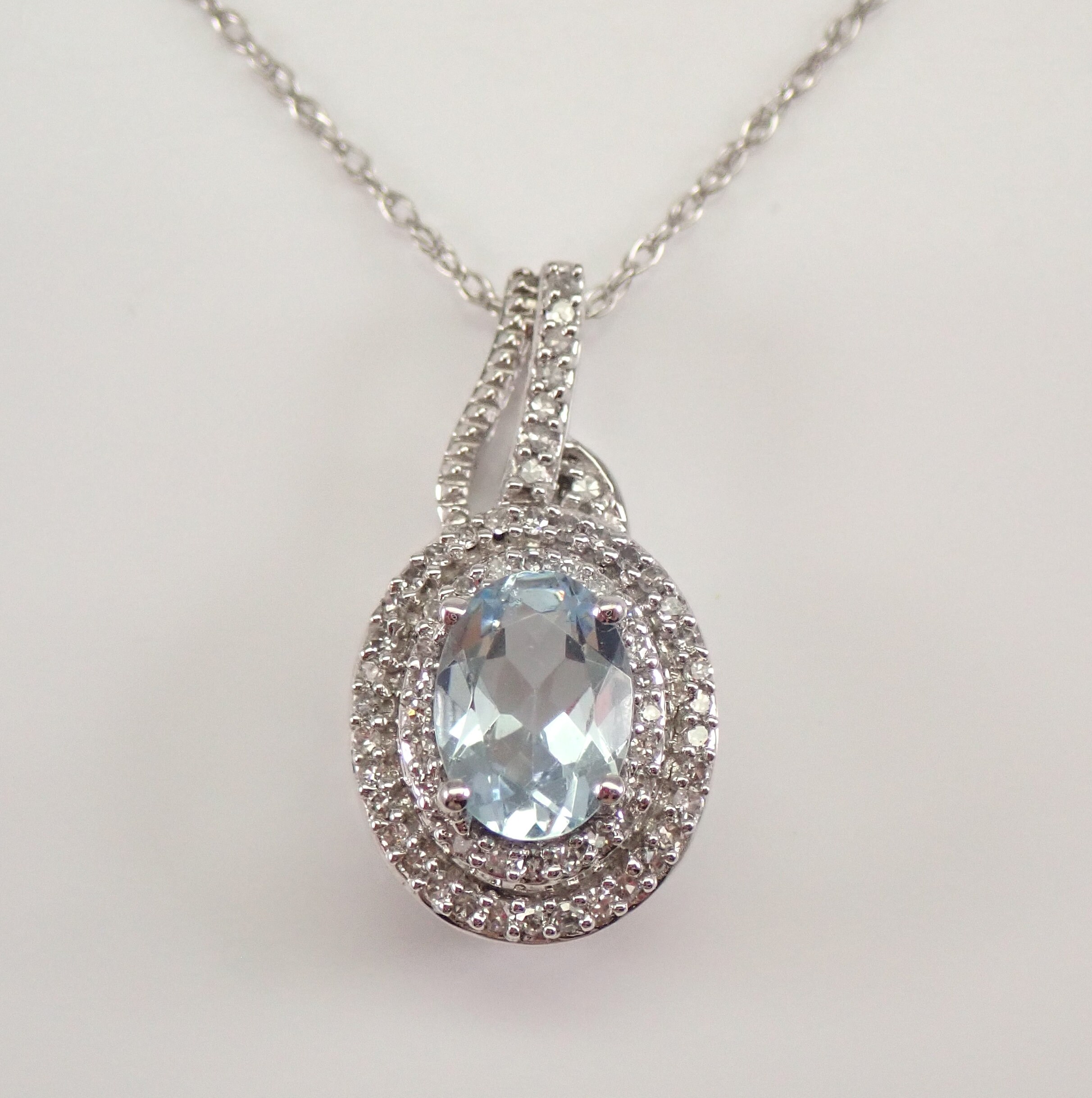 Aquamarine And Diamond Halo Pendant White Gold Necklace 18 Chain March Birthstone