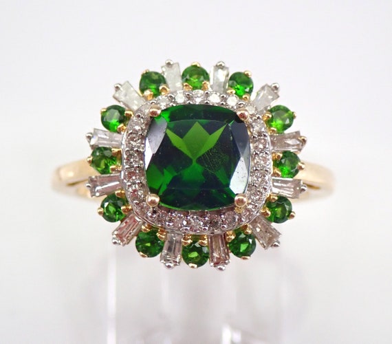 Chrome Diopside and Diamond Ring - Solid Yellow Gold Cushion Cut Shape Cluster - Gemstone Fine Jewelry Gift