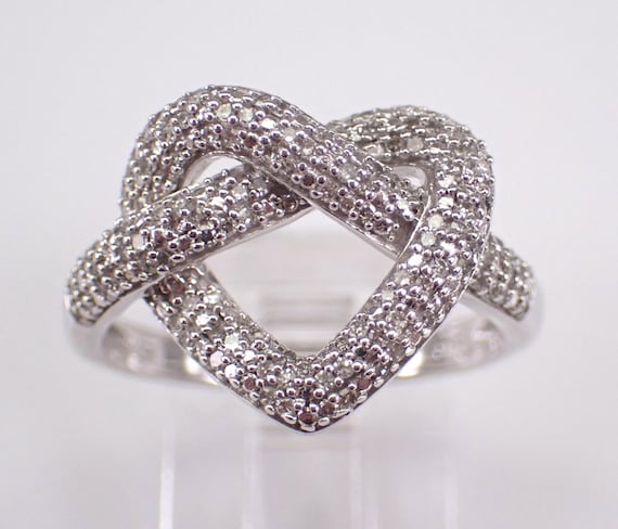 White Gold Diamond Heart Ring: Pave Set Wraparound Promise Band