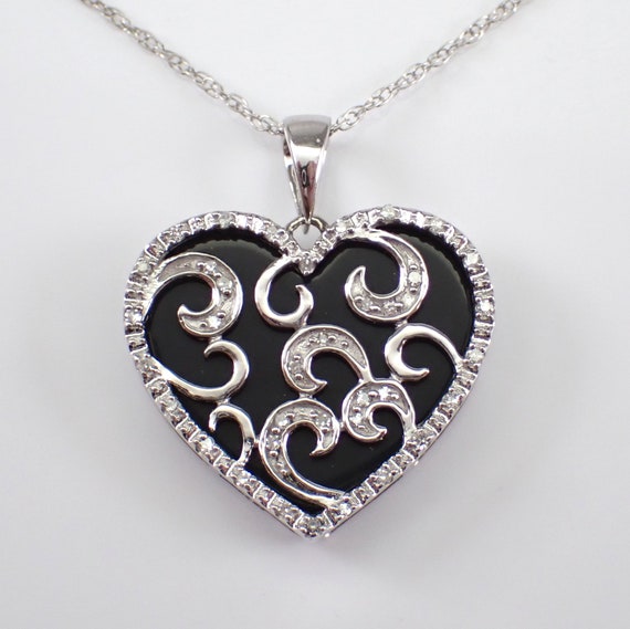 Onyx and Diamond Heart Necklace - White Gold Filigree Charm Pendant - Unique GalaxyGems Fine Jewelry Gift