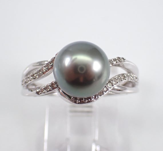Black Tahitian Pearl and Diamond Ring - 14K White Gold Bridal Engagement Promise - June Gemstone Fine Jewelry Gift