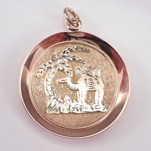 Vintage 14K Rose Gold Sahara Desert Charm, Palm Tree and Camel Pendant for Necklace or Bracelet, Large Circle Frame Keepsake