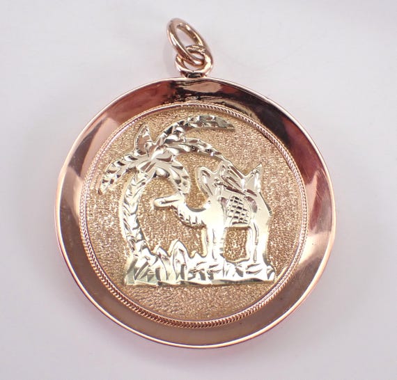 Vintage 14K Rose Gold Sahara Desert Charm, Palm Tree and Camel Pendant for Necklace or Bracelet, Large Circle Frame Keepsake