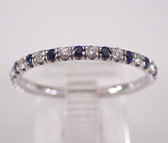 14K White Gold Sapphire and Diamond Wedding Ring, Dainty Gemstone Anniversary Band
