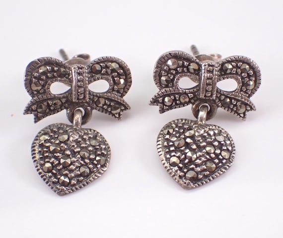 Vintage Sterling Silver Bow Tie Heart Stud Earrings, Dainty Estate Marcasite Drops