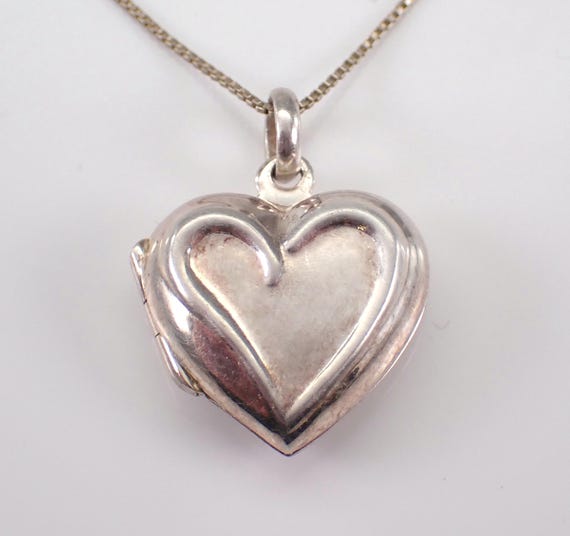 Vintage Sterling Silver Heart Locket Necklace, Unique Dainty Charm Pendant, Estate Everyday Choker Chain Jewelry Gift