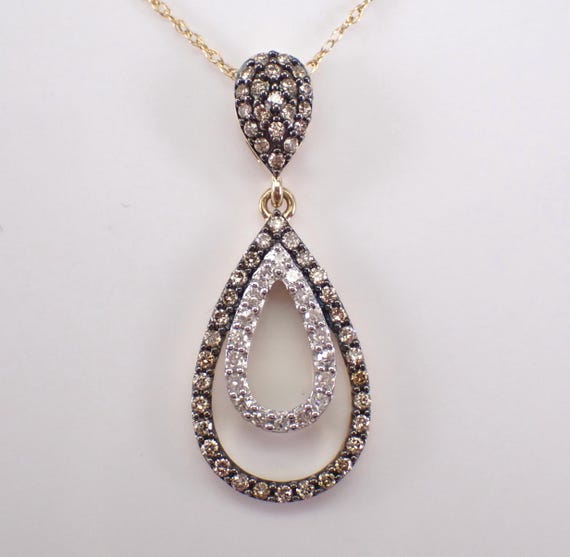 Yellow Gold Brown Diamond Teardrop Pendant and Chain: Dainty Slide Dangle Charm Necklace