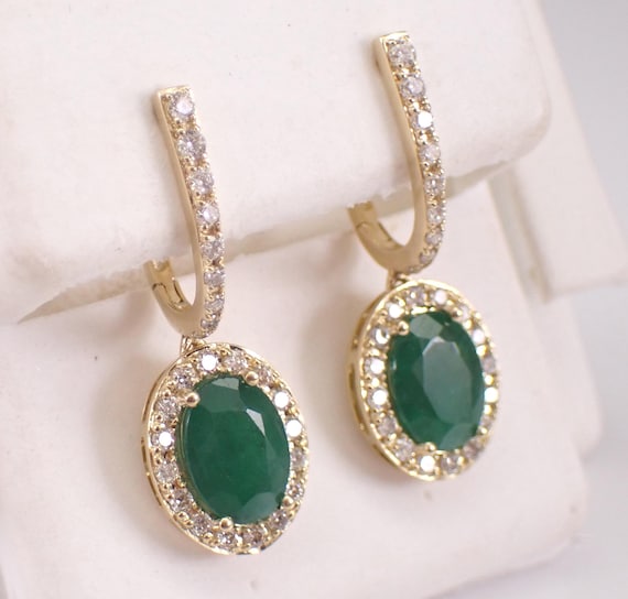 14K Yellow Gold Emerald and Diamond Dangle Earrings, May Birthstone Fine Jewelry Gift
