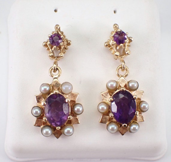 Vintage Amethyst and Pearl Earrings - 14K Yellow Gold Gemstone Dangle Jewelry - GalaxyGems Estate Birthday Gift
