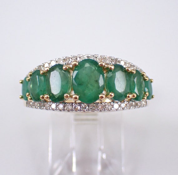 Emerald and Diamond Wedding Ring - Yellow Gold Bridal Anniversary Band - May Birthstone Fine Jewelry Gift