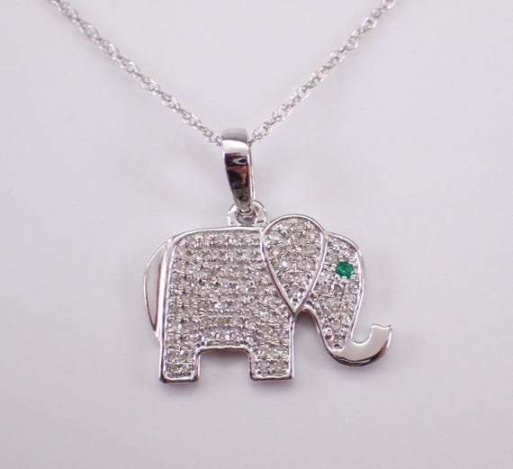 White Gold Diamond ELEPHANT Pendant and Chain - Good Luck Animal Charm Necklace - Unique Fine Jewelry Gift