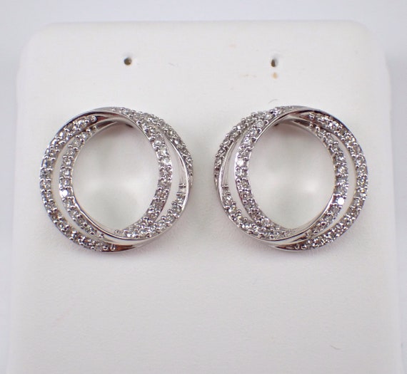 White Gold Diamond Earrings, Unique Double Circle Wraparound Design, Birthday Jewelry Present for Women