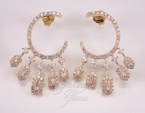 14K Yellow Gold Diamond Earrings, Unique Crescent Moon Wraparound Drops