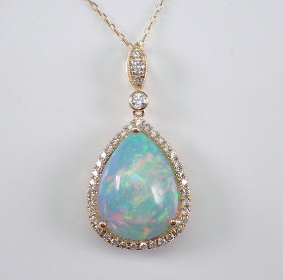 Teardrop Opal and Diamond Necklace - 14K Yellow Gold Pendant Station Choker Chain - October Birthstone Fine Jewelry Gift