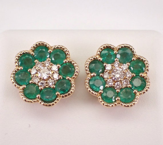 14K Yellow Gold Emerald Stud Earrings, Gemstone and Diamond Flower Cluster, May Birthstone Fine Jewelry Gift
