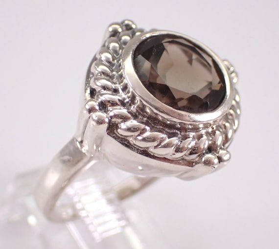 Vintage Sterling Silver Smokey Topaz Ring - Braided Halo Gemstone Band - Estate Solitaire Promise Jewelry Gift