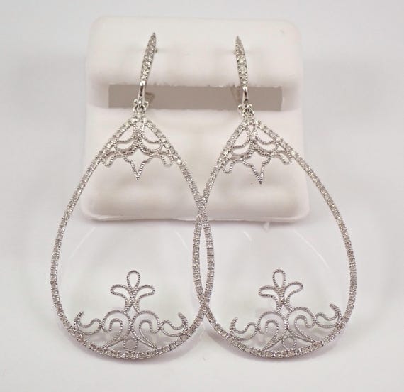 14K White Gold Diamond Earrings- Large Teardrop Filigree Dangle - Modern Bridal Fine Jewelry Gift