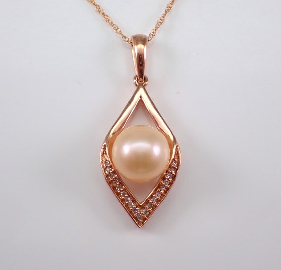 Pearl and Diamond Pendant and Chain - Rose Gold Charm Necklace - Dainty June Birthstone Fine Jewelry Gift