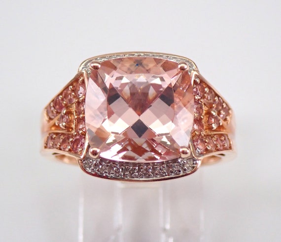 Cushion Cut Morganite Engagement Ring - 14k Rose Gold Fine Jewelry Gift - Diamond and Pink Tourmaline Side Accents