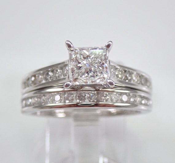 Princess Cut Diamond Engagement Ring Set - 14KT White Gold Matching Wedding Band - Genuine Natural Bridal Jewelry