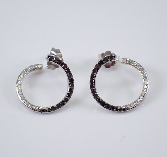 14K White Gold Black Diamond Earrings, Unique Circle Wraparound Modern Design, Birthday Present for Women