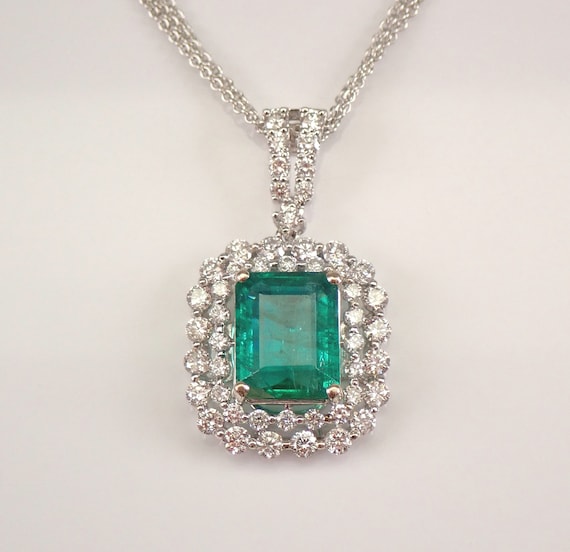 18K White Gold Columbian Emerald Necklace - Double Halo Diamond Pendant on Double Strand Chain - May Gemstone Fine Jewelry Gift