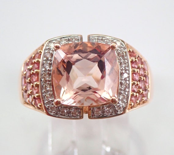 14K Rose Gold Morganite Ring, Diamond and Pink Sapphire Setting, Unique Fine Jewelry Gift