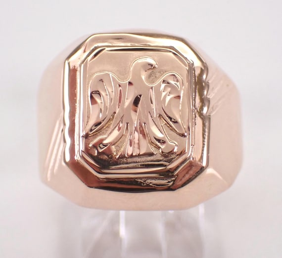Antique 14K Rose Gold Eagle Crest Ring, Vintage Signet Style Pinky Band