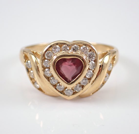 Vintage Garnet Heart Ring, 14K Yellow Gold Diamond Halo Setting, January Birthstone Jewelry Gift