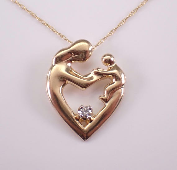 Vintage 14K Yellow Gold Mother and Child Charm Pendant, Estate Diamond Drop Necklace