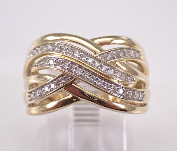 Multi Row Diamond Anniversary Ring, Solid Yellow Gold Crossover Wedding Band