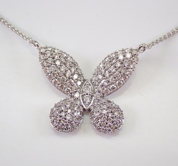14K White Gold Diamond Butterfly Necklace - Large Station Charm Pendant and Chain - Floating Simple Jewelry Gift