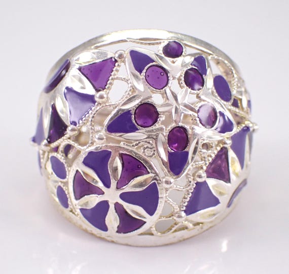 Vintage Purple Enamel Dome Band - Sterling Silver Stackable Ring - Bridal Anniversary Fine Jewelry