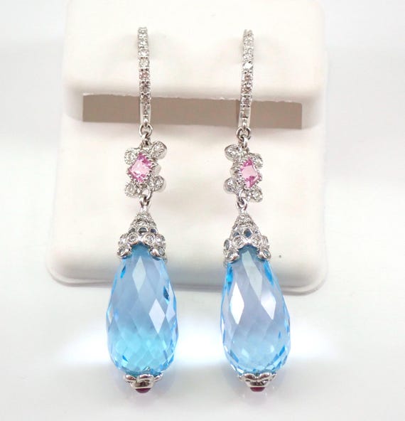 14K White Gold Blue Topaz Briolette Earrings, Diamond Dangle Leverback Charms, Pink and Blue Gemstone Jewelry Gift