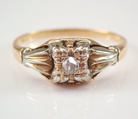 Antique 14K Yellow and White Gold Rose Cut Solitaire Diamond Engagement Ring Size 7