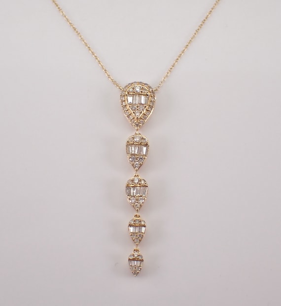 14K Yellow Gold Diamond Pendant and Chain - Long Dangle Chandelier Charm Necklace - Unique Bridal Fine Jewelry Gift