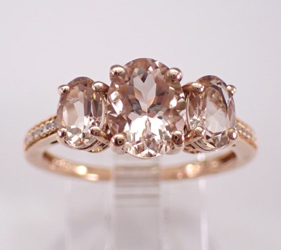 Morganite and Diamond Ring, Rose Gold Three Stone Setting, Past Present Future Gemstone Fine Jewelry Gift