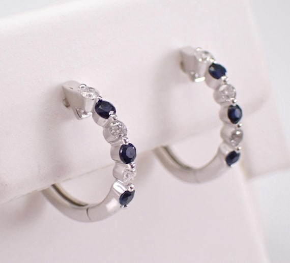 Sapphire and Diamond Hoop Earrings - White Gold Dainty Gemstone Huggies - September Birthstone Fine Jewelry Gift