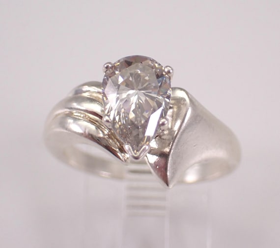 Sterling Silver Cubic Zirconia Engagement Ring, Pear Shaped Solitaire Promise CZ Band - Vintage Estate Bridal Jewelry Gift