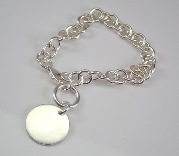Vintage Sterling Silver Charm Bracelet with Engravable Disc, Round Engravable Charm Dangle, Open Round Cable Link Bracelet