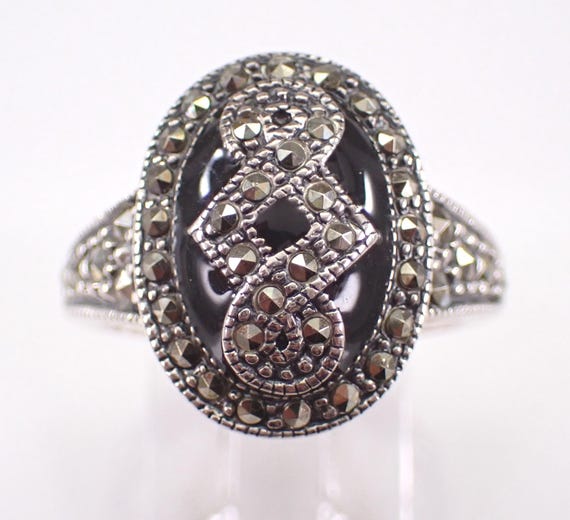 Vintage Sterling Silver Onyx and Marcasite Ring, Estate Anniversary Jewelry Gift