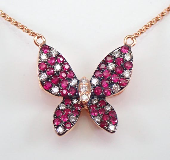 Ruby and Diamond Butterfly Necklace - 18k Rose Gold Gemstone Fine Jewelry - Station Pendant and Chain - July Birthstone Charm Gift