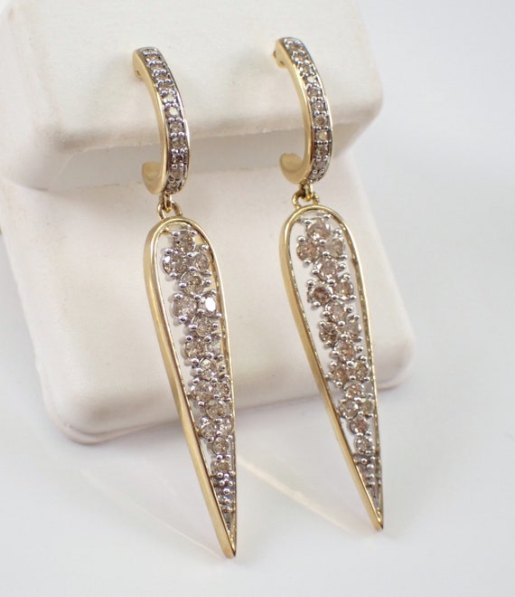 Long Diamond Dangle Earrings - Yellow Gold Geometric Teardrop Design - Modern Triangle Jewelry Gift