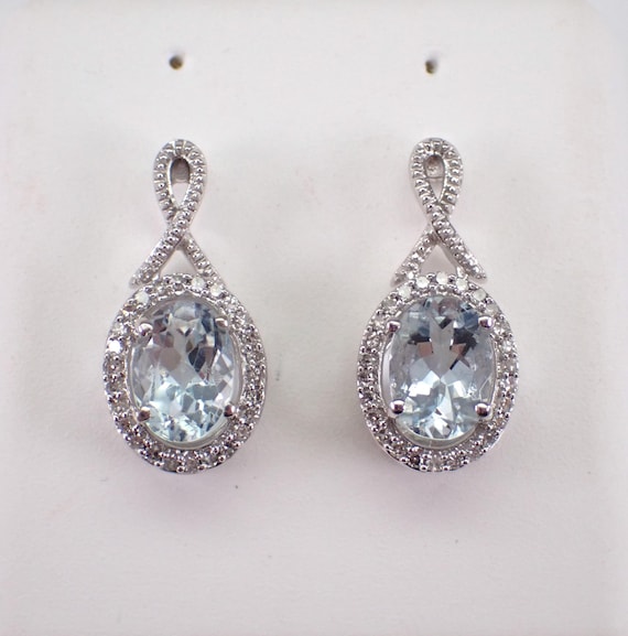 White Gold Aquamarine Earrings, Diamond Halo Teardrop Studs, March Birthstone Fine Jewelry Gift