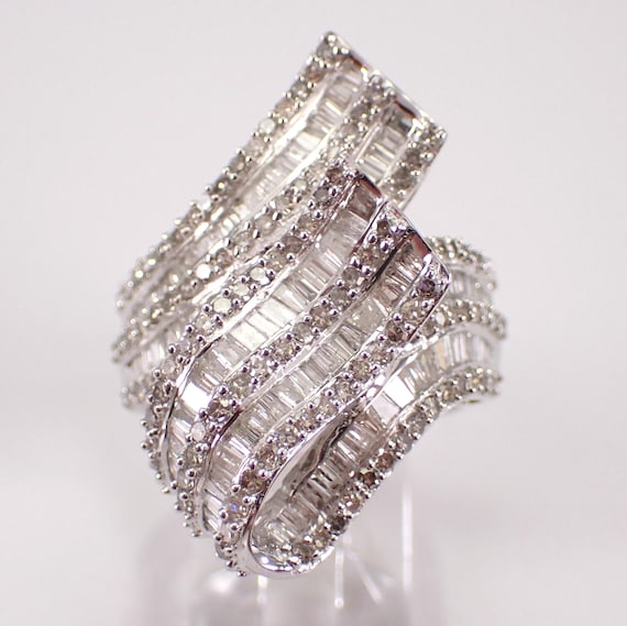 14K White Gold Diamond Anniversary Ring - Large Baguette and Round Cocktail Band - Unique Wraparound Fine Jewelry Gift