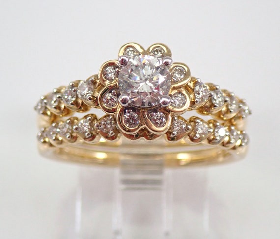14K Yellow Gold Diamond Engagement Ring Set - Matching Contour Wedding Anniversary Band  - Bridal Halo Flower Setting