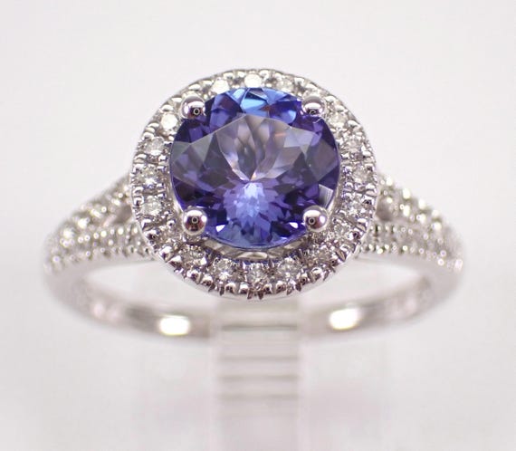 14K White Gold Tanzanite Engagement Ring - Unique Diamond Halo Setting - Purple Gemstone Fine Jewelry Gift