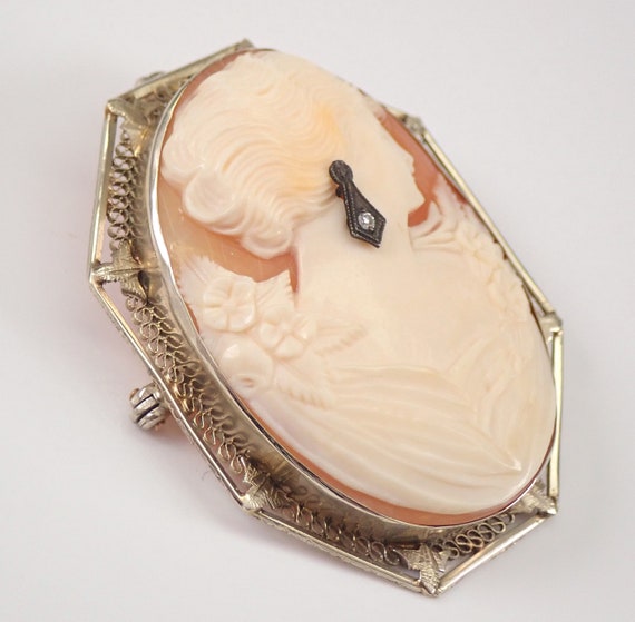 Antique 14K White Gold Cameo Brooch, Vintage Diam… - image 2