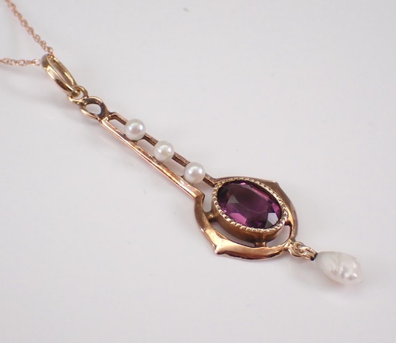 Antique Amethyst and Pearl Lavalier Necklace - Dainty Rose Gold Charm Pendant and Chain -  Victorian Edwardian Gemstone Jewelry Gift