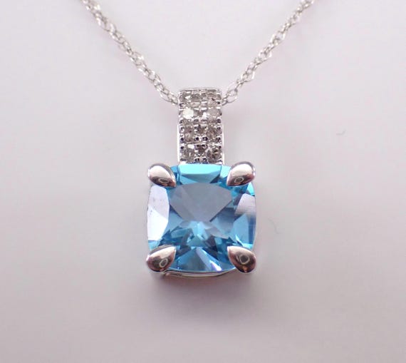 White Gold Blue Topaz Pendant and Chain - Diamond and Gemstone Choker Necklace - December Birthstone Fine Jewelry Gift